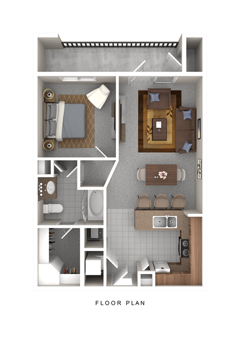 Floor plan for 1 bed, 1 bath, 763 sqft